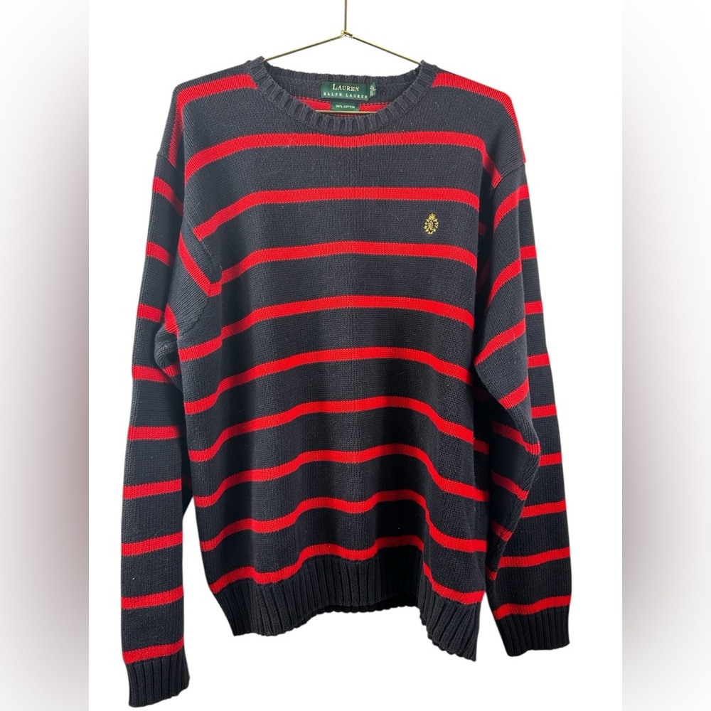 Lauren Ralph Lauren men's cotton crewneck sweater in navy blue and red stripes.